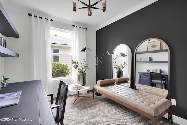 carpeted office space featuring crown molding, a notable chandelier, and a healthy amount of sunlight