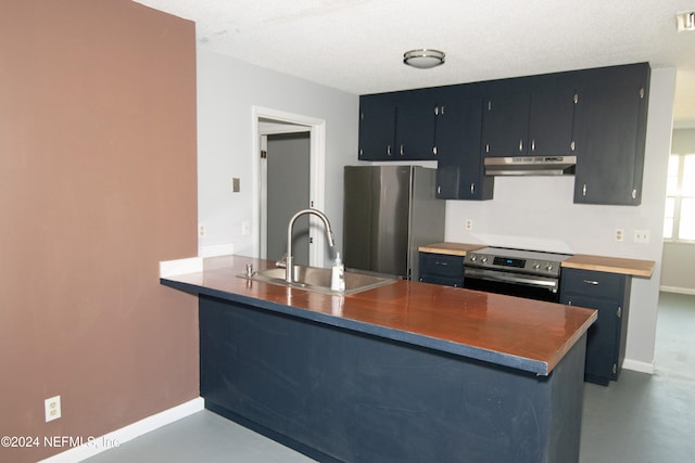 kitchen with kitchen peninsula, sink, a textured ceiling, and appliances with stainless steel finishes