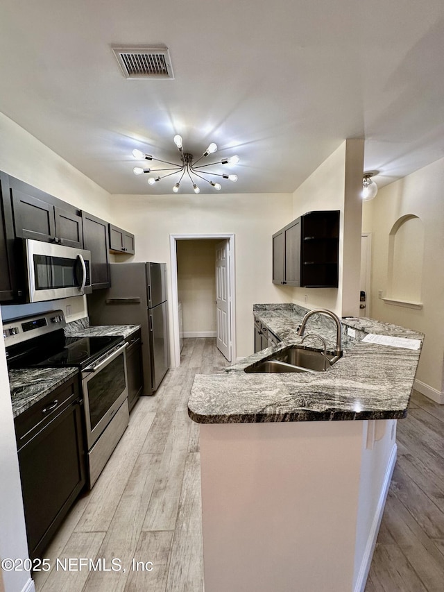 kitchen with stainless steel appliances, a peninsula, a sink, visible vents, and dark stone countertops