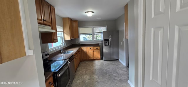 kitchen with sink, appliances with stainless steel finishes, and plenty of natural light