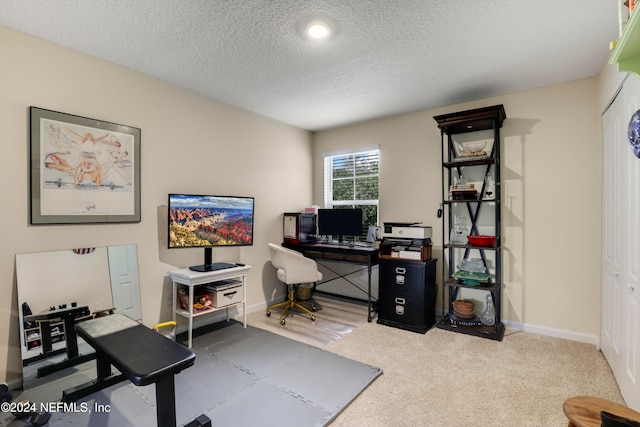 carpeted office with a textured ceiling