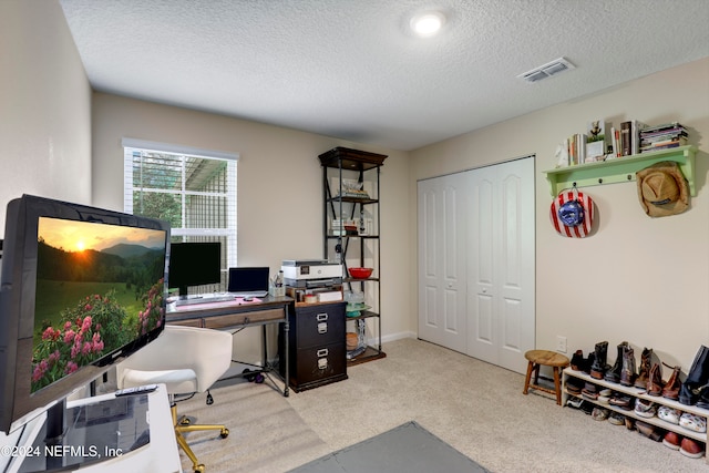 office space featuring light carpet and a textured ceiling