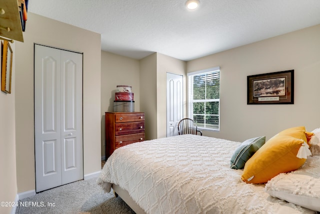 bedroom featuring carpet, two closets, and a textured ceiling