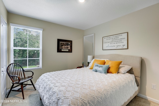 carpeted bedroom featuring a textured ceiling