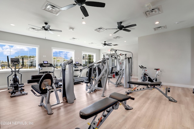 exercise room featuring light hardwood / wood-style flooring