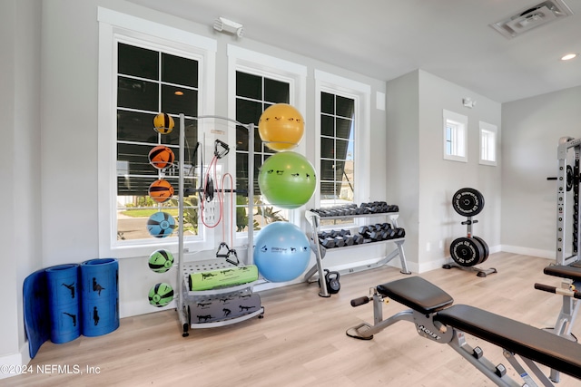 exercise area featuring hardwood / wood-style flooring and plenty of natural light