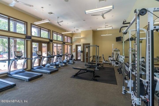 gym featuring ceiling fan and a high ceiling