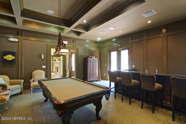 recreation room featuring ornamental molding, coffered ceiling, indoor bar, beamed ceiling, and pool table