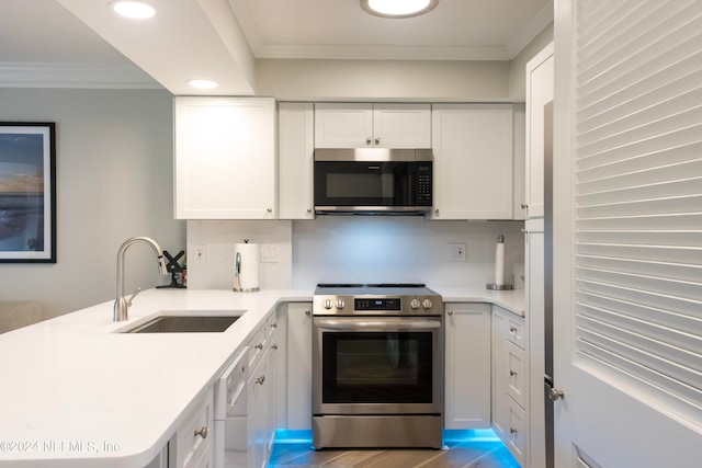 kitchen featuring kitchen peninsula, stainless steel appliances, crown molding, sink, and white cabinets