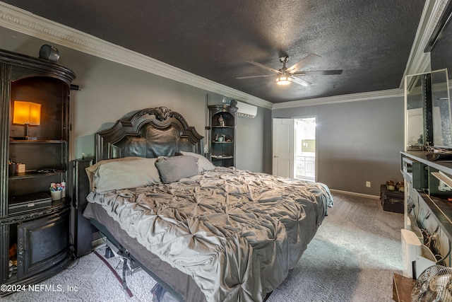 carpeted bedroom with ceiling fan, a textured ceiling, an AC wall unit, and ornamental molding