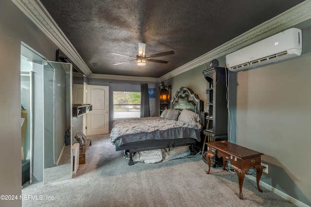 carpeted bedroom featuring a textured ceiling, a wall mounted air conditioner, ceiling fan, and crown molding