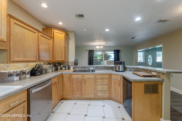 kitchen with tasteful backsplash, light tile patterned flooring, black electric stovetop, dishwasher, and kitchen peninsula