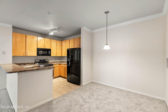 kitchen with black appliances, kitchen peninsula, hanging light fixtures, light carpet, and track lighting