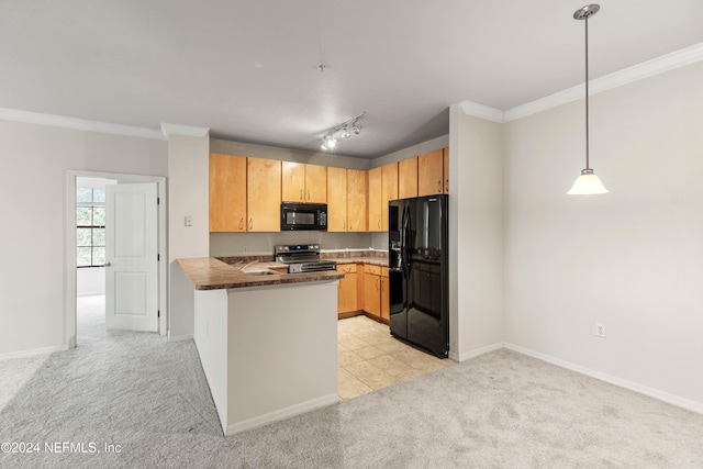 kitchen with hanging light fixtures, black appliances, kitchen peninsula, and light colored carpet