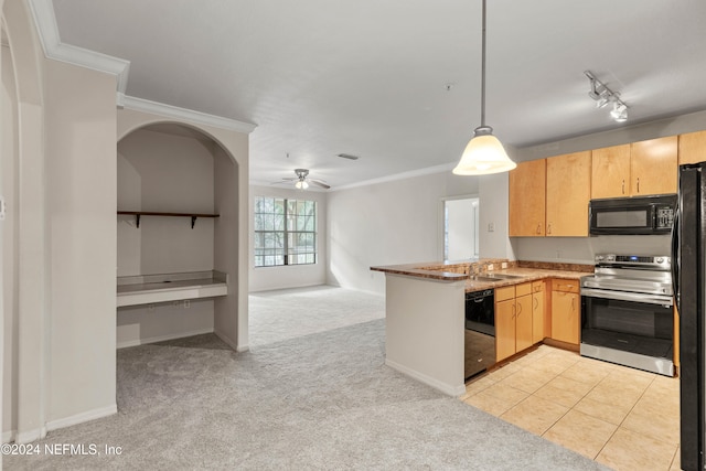 kitchen with light carpet, black appliances, decorative light fixtures, and light brown cabinetry