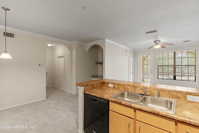 kitchen featuring black dishwasher, hanging light fixtures, light carpet, sink, and light brown cabinetry