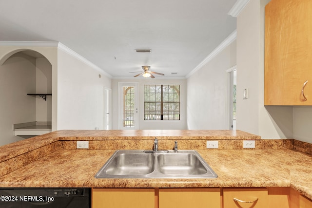 kitchen featuring dishwasher, light brown cabinets, ornamental molding, sink, and ceiling fan