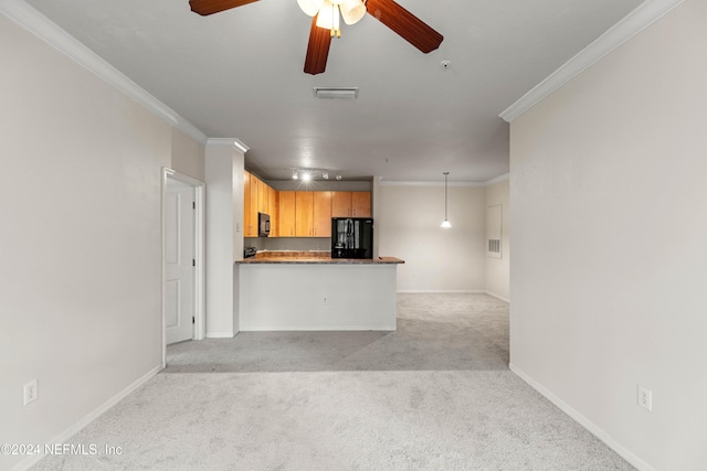 unfurnished living room with ornamental molding, light colored carpet, and ceiling fan