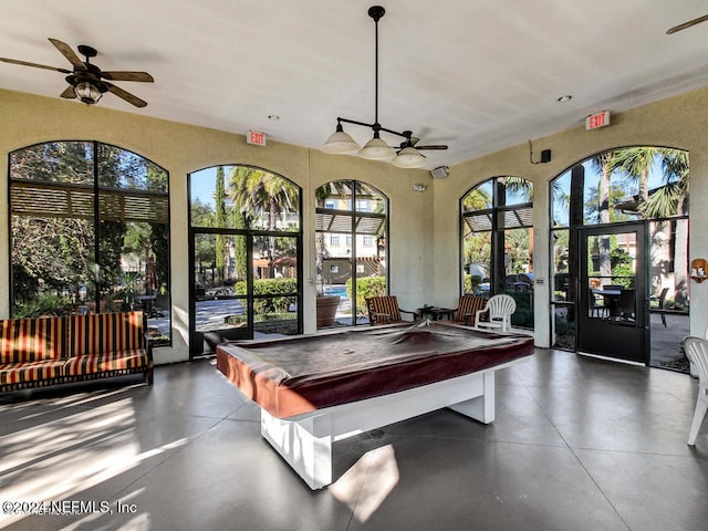 rec room featuring pool table and ceiling fan