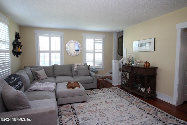 living room with a healthy amount of sunlight, a textured ceiling, and hardwood / wood-style floors