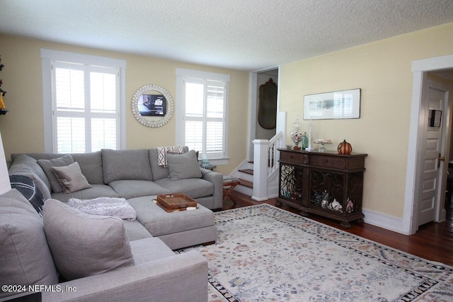 living room with a textured ceiling and dark hardwood / wood-style flooring