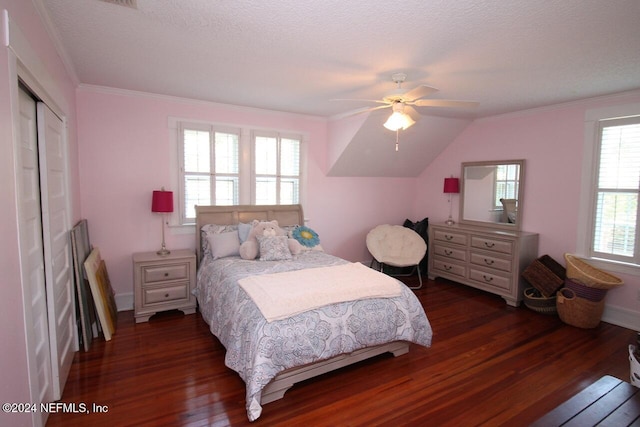 bedroom with lofted ceiling, ceiling fan, a closet, and dark hardwood / wood-style flooring