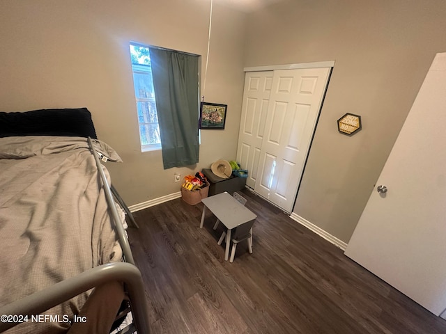 bedroom with dark wood-type flooring and a closet