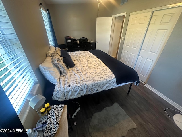 bedroom featuring dark hardwood / wood-style floors and a closet