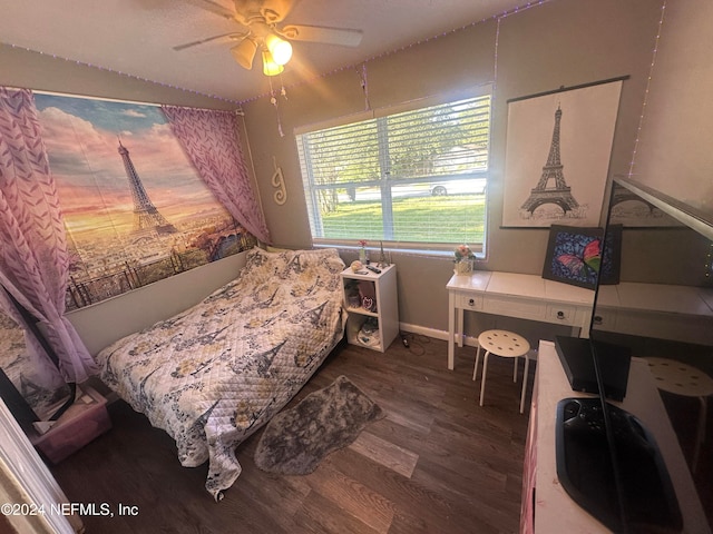 bedroom featuring wood-type flooring and ceiling fan