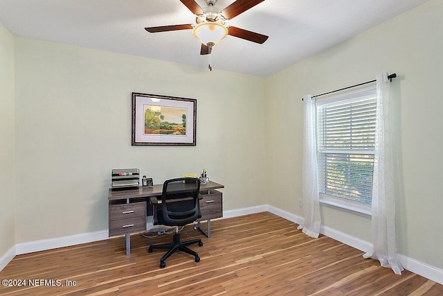 office featuring ceiling fan and hardwood / wood-style floors