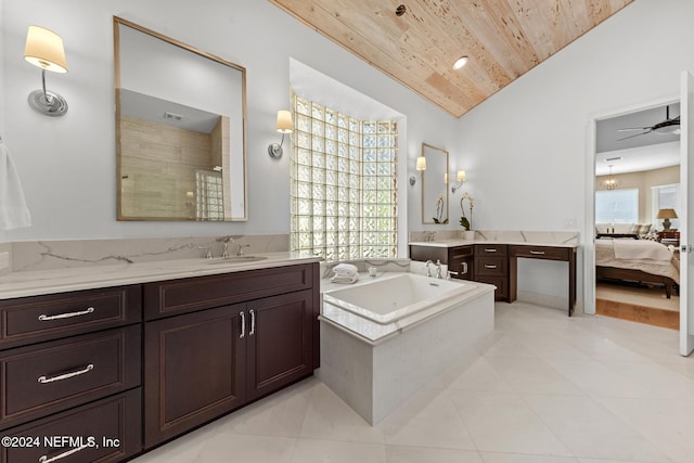 bathroom with a wealth of natural light, vanity, lofted ceiling, and wood ceiling