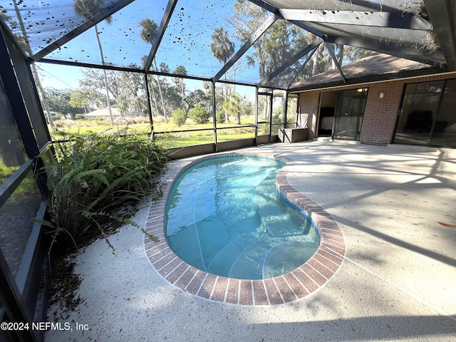 view of swimming pool featuring a patio area and glass enclosure