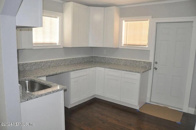 kitchen featuring white cabinetry, light stone counters, sink, and dark hardwood / wood-style floors