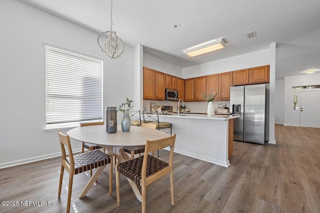 kitchen with a textured ceiling, light hardwood / wood-style flooring, appliances with stainless steel finishes, kitchen peninsula, and pendant lighting