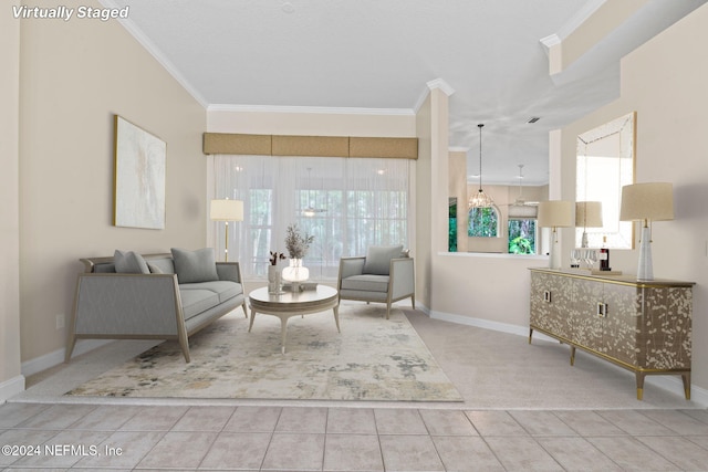 living room featuring plenty of natural light, light carpet, and crown molding