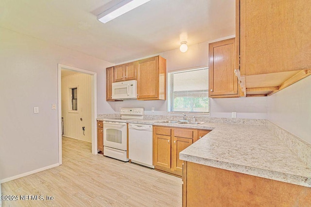 kitchen featuring sink, light wood-type flooring, and white appliances