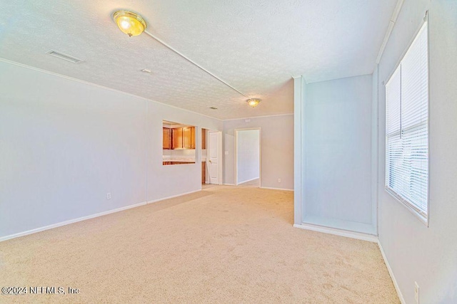 empty room featuring crown molding, a textured ceiling, and light colored carpet