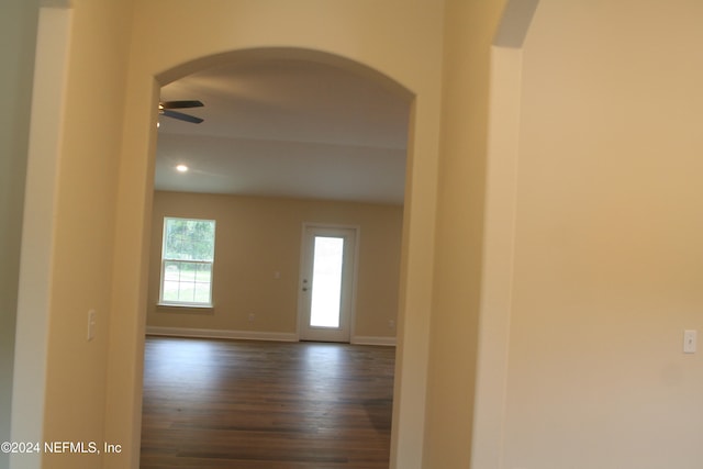 interior space featuring ceiling fan and dark hardwood / wood-style flooring