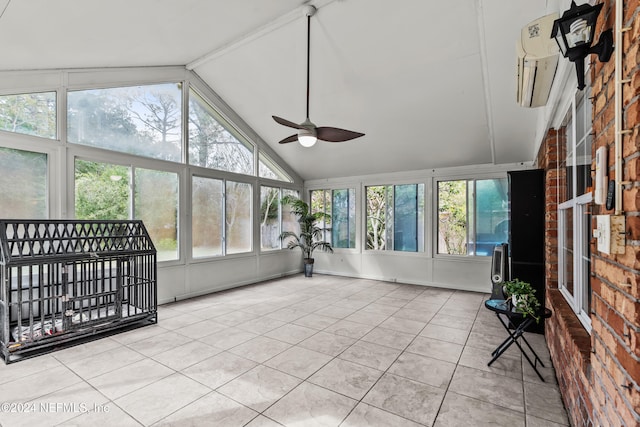 sunroom / solarium with a wall mounted AC, ceiling fan, and vaulted ceiling