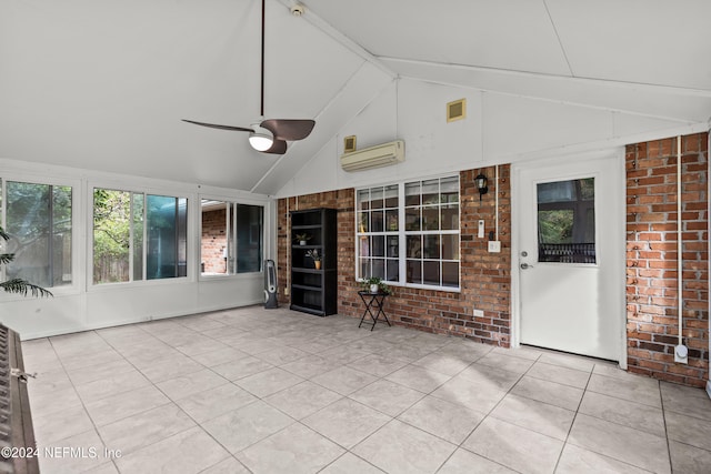 unfurnished sunroom featuring a wall mounted AC, ceiling fan, and vaulted ceiling