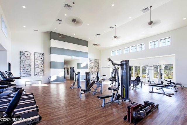 gym with ceiling fan, high vaulted ceiling, and dark hardwood / wood-style flooring