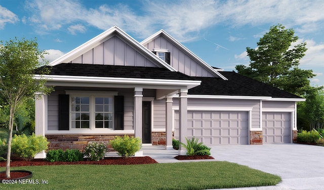 view of front facade featuring a porch, a front lawn, and a garage