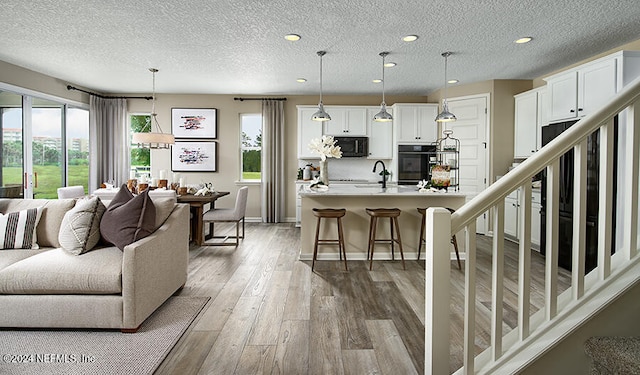 living room featuring light hardwood / wood-style floors, a textured ceiling, and sink