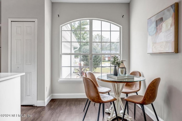 dining space with dark hardwood / wood-style floors