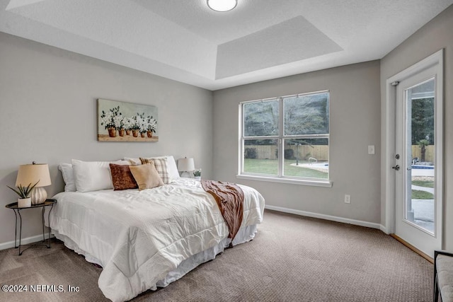 bedroom featuring access to outside, carpet floors, and a raised ceiling