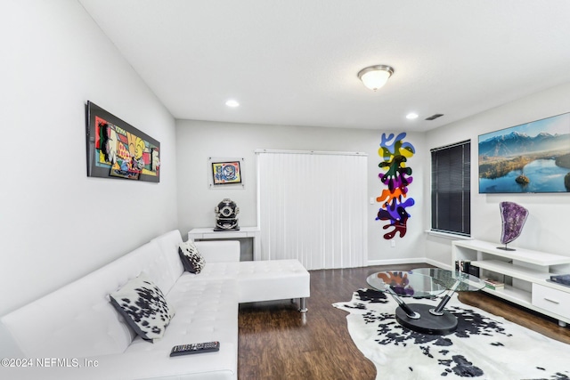 living room with dark hardwood / wood-style floors