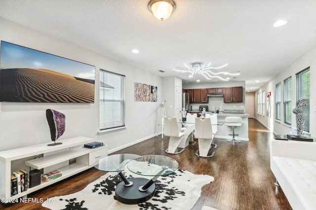 living room with dark hardwood / wood-style flooring