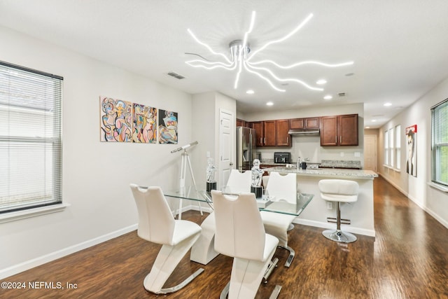 dining space featuring a wealth of natural light and dark hardwood / wood-style flooring