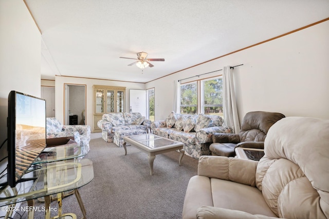 carpeted living room featuring ceiling fan and a textured ceiling