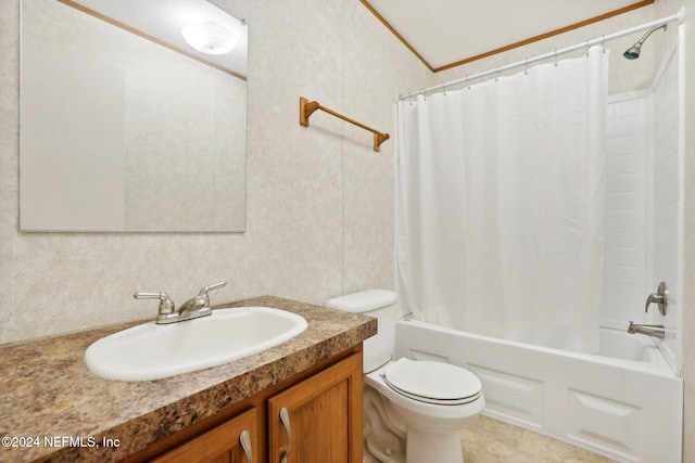 full bathroom with vanity, shower / bath combo with shower curtain, ornamental molding, and toilet